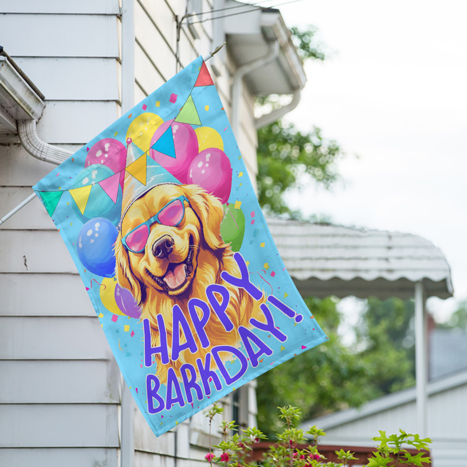 America Forever Happy Barkday House Flag 28 x 40 inch Double Sided Golden Retriever Dog Birthday Party Balloons Sunglasses Funny Pun Outdoor Yard Flag