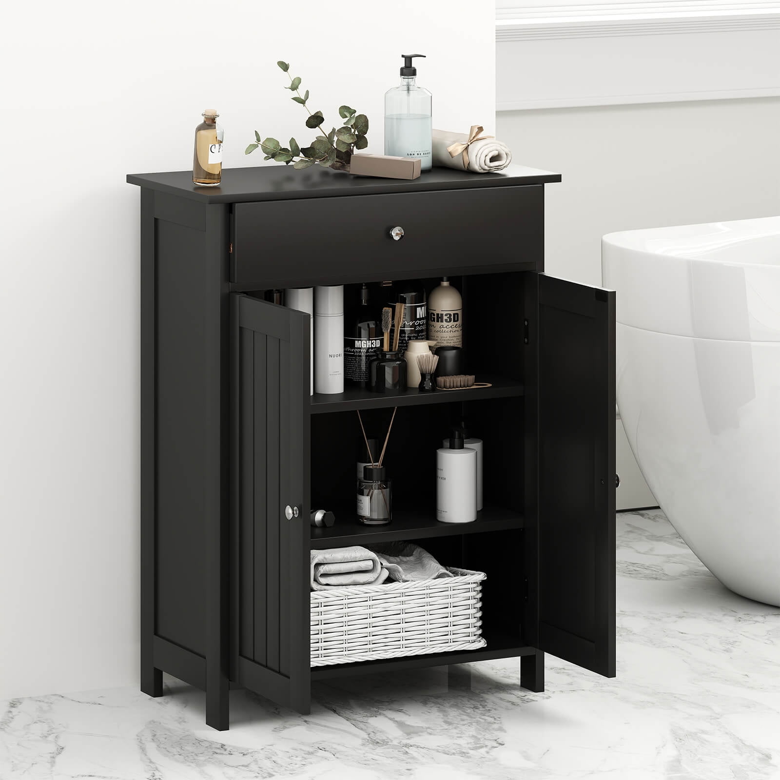 Costway Bathroom Floor Cabinet Freestanding Storage Organizer with 2 Doors Storage Cabinet Black