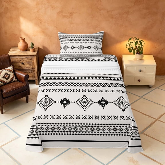 Manfei Southwestern Aztec Twin Sheets, Bohemian Black Beige Bedding, Reversible 3 Pieces1 Flat Sheet   1 Fitted Sheet   1 Pillowcase