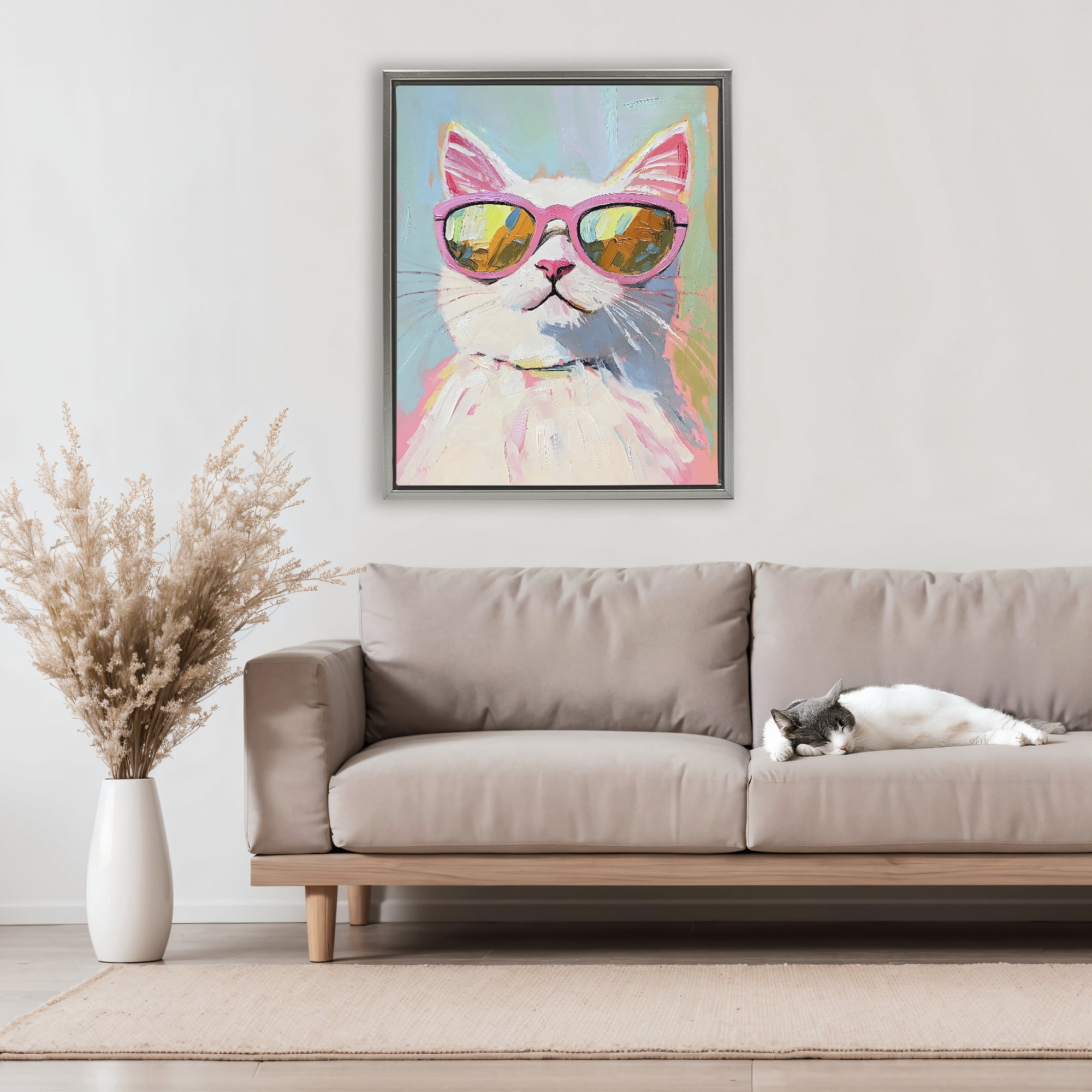 Stupell Industries Cool Cat in Sunglasses Gray Framed Floater Canvas Wall Art, design by The Prints Vibe
