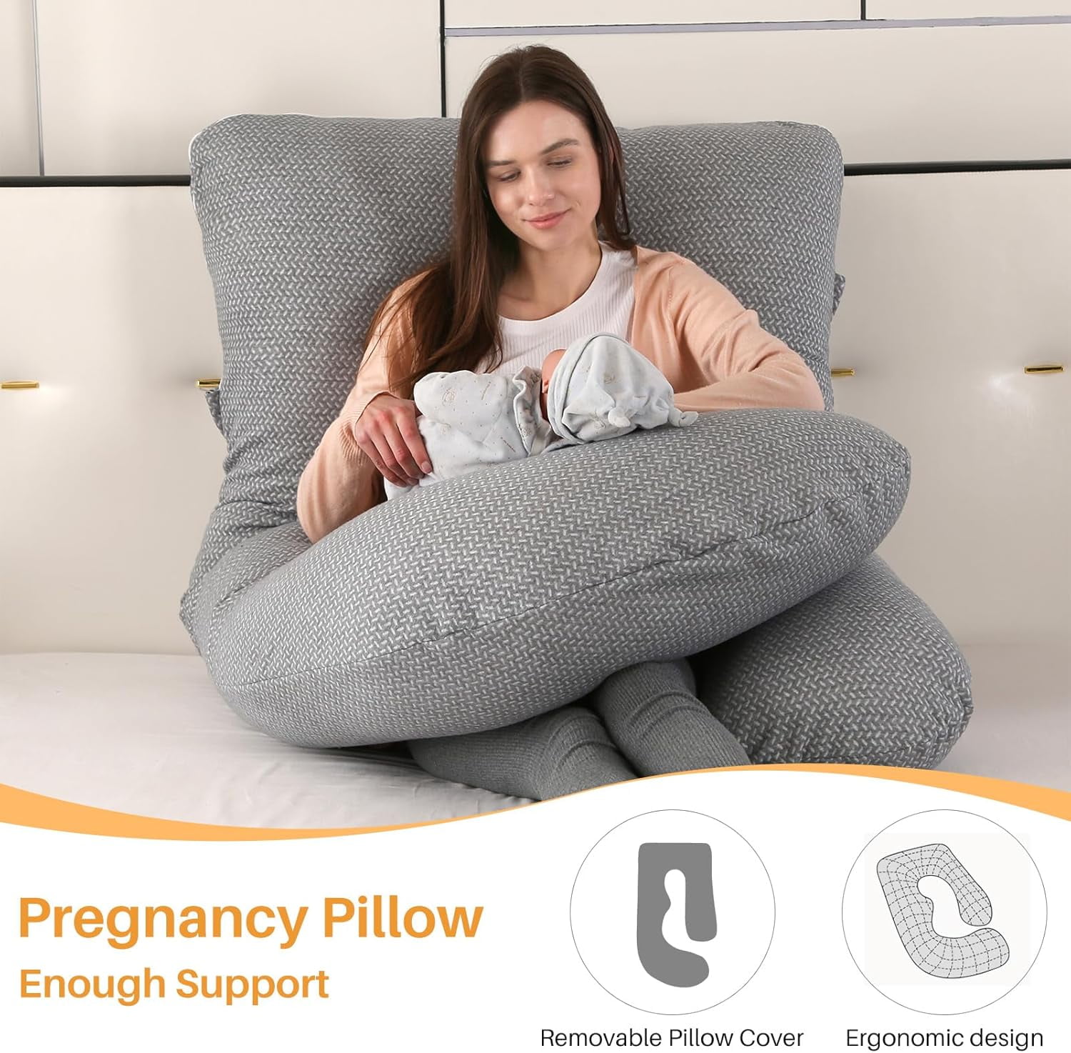 SHANNA J-Shape Pregnancy Pillow Full Body Maternity Pillow for Pregnant Women with Washable Cover for Back Belly Hips Legs Support, 57 * 27.5inch, Dark Gray