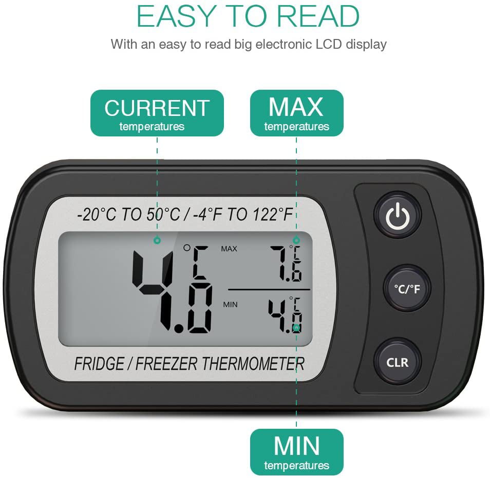Perfect for Home Max/Min Function Cafes Easy to Read LCD Display Digital Freezer Thermometer with Hook etc. Oria Refrigerator Fridge Thermometer Bars Restaurants