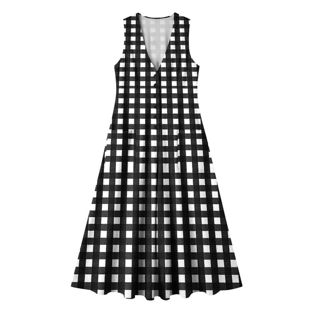 plaid holiday dresses for women Odbmxy Peasant A-Line Summer Sleeveless Button V-Neck Womens Maxi Dress with Pockets colourgroup:226
