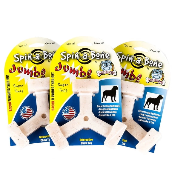 Bullibone Jumbo Bacon Spin-a-Bone Heavy Chewer Dog Bone - Interactive Dog Chew Toys, Triggers Natural Instincts, and Improves Oral Health - 3 Pack