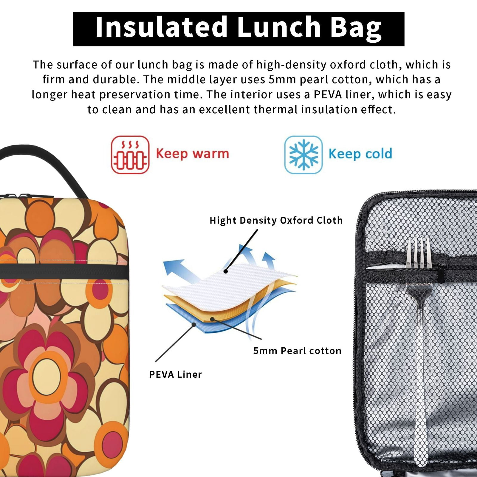 Lunch Bag For Women Men Insulated Portable Lunch Box Bento Box Office Picnic Travel Cooler Bag Retro Groovy Flowers Pattern (13)