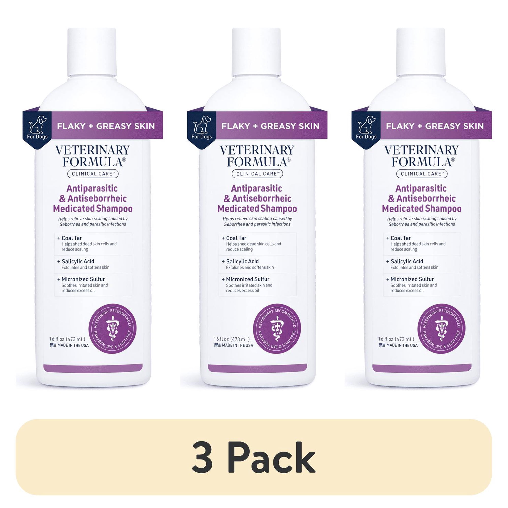 (3 pack) Veterinary Formula Antiparasitic & Antiseborrheic Shampoo Clinical Care for Dogs 16 fl oz