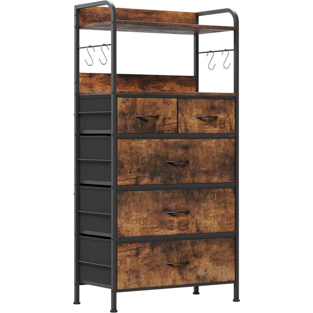 5-Drawer Dresser with Fabric Drawers, Metal Frame, Wood Tabletop