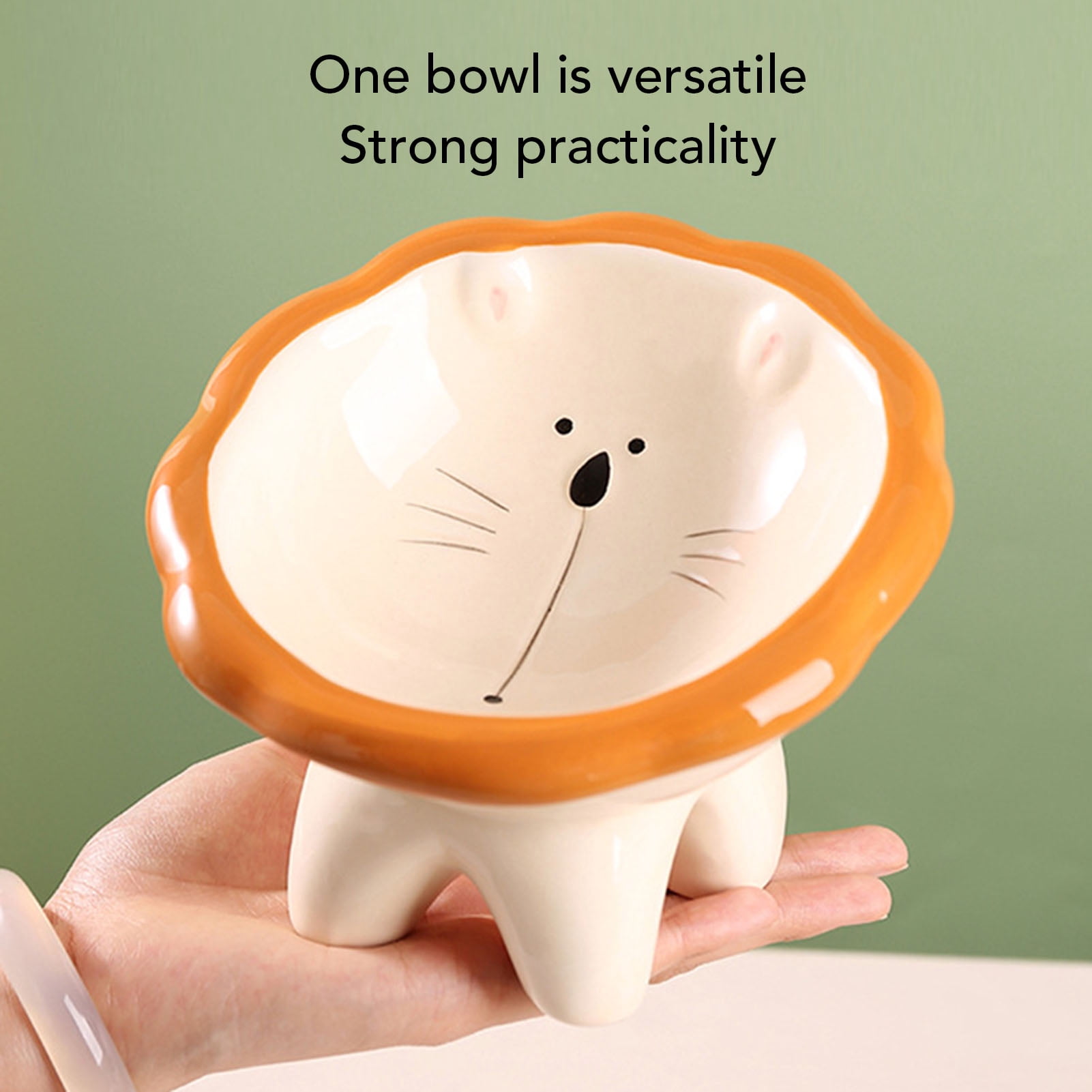Yajisi Tilted Elevated Ceramic Pet Food Bowl for Cats and Dogs, Adorable Lion Design Anti-Spill Feeder, 6.1 inches / 15.5 cm Green