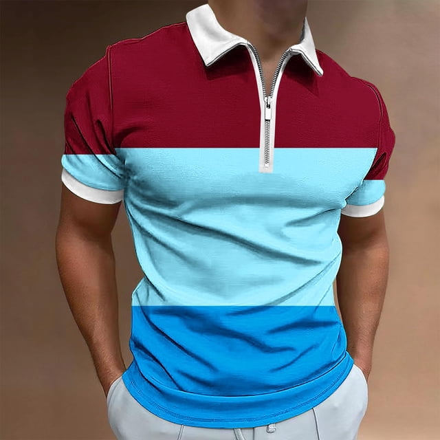 EQWLJWE Spring Saving!Half Zipper Shirt Men, Couleur Block Zipper Shirt Men, Bleu Couleur Block Shirt Men, Hommes T-Shirt Couleur Block Manches Courtes Rond Tee Tops en Plein Air