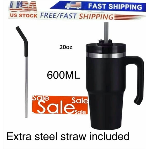 20Oz Tumbler Cup With Handle & Straw -Stainless Steel Vacuum Insulated Mug/Black