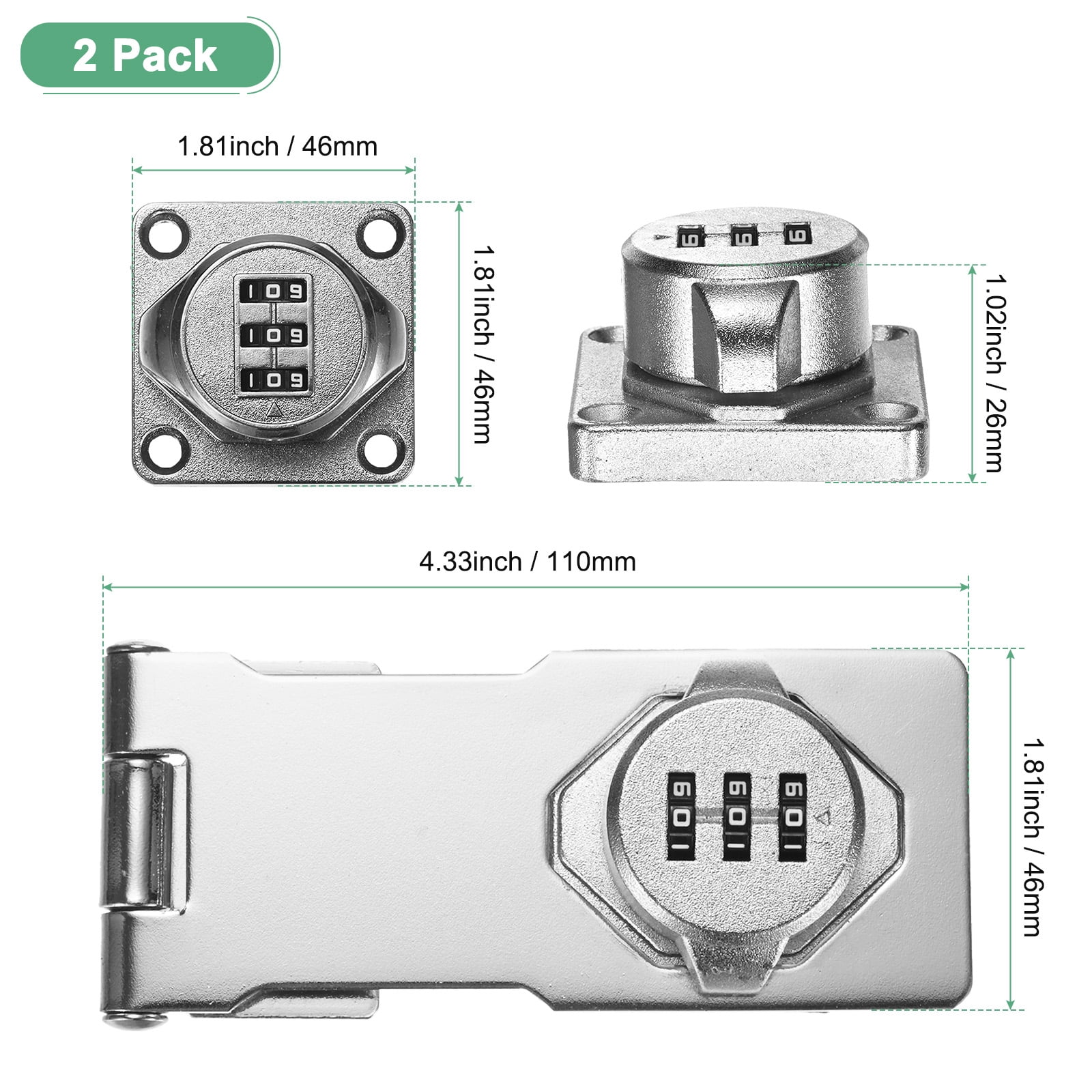 2-Pack Keyless Combination Lock, 4.3" Zinc Alloy Mechanical Password Twist Knob Hasp Locks Latch, 90/180 Degree Barn Door Lock for Cabinet/Closet/Garage/Drawers/Garden [Silver]