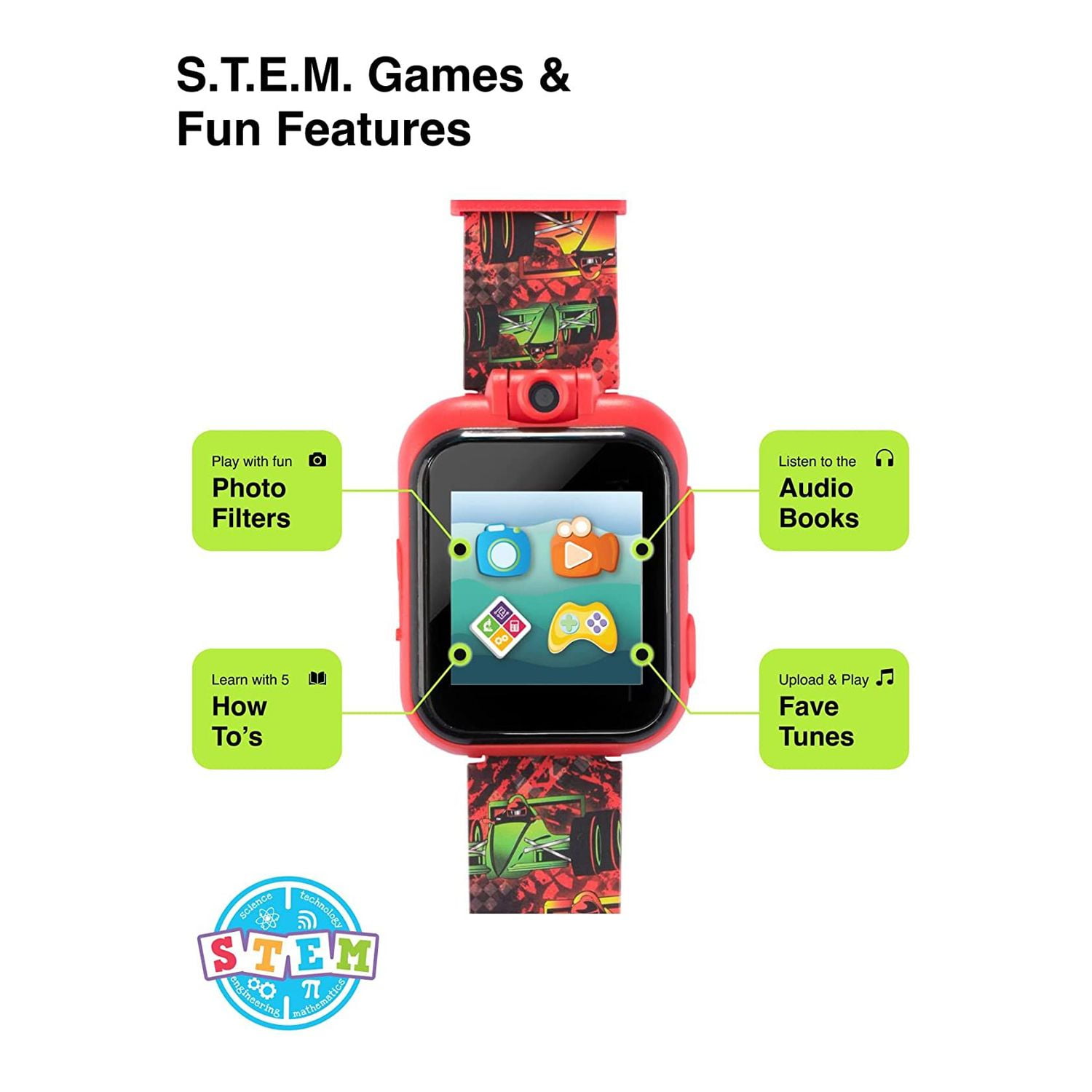 PlayZoom 2 Kids Smartwatch - Video Camera Selfies STEM Gift for Kids (Racing Cars Print in Black)