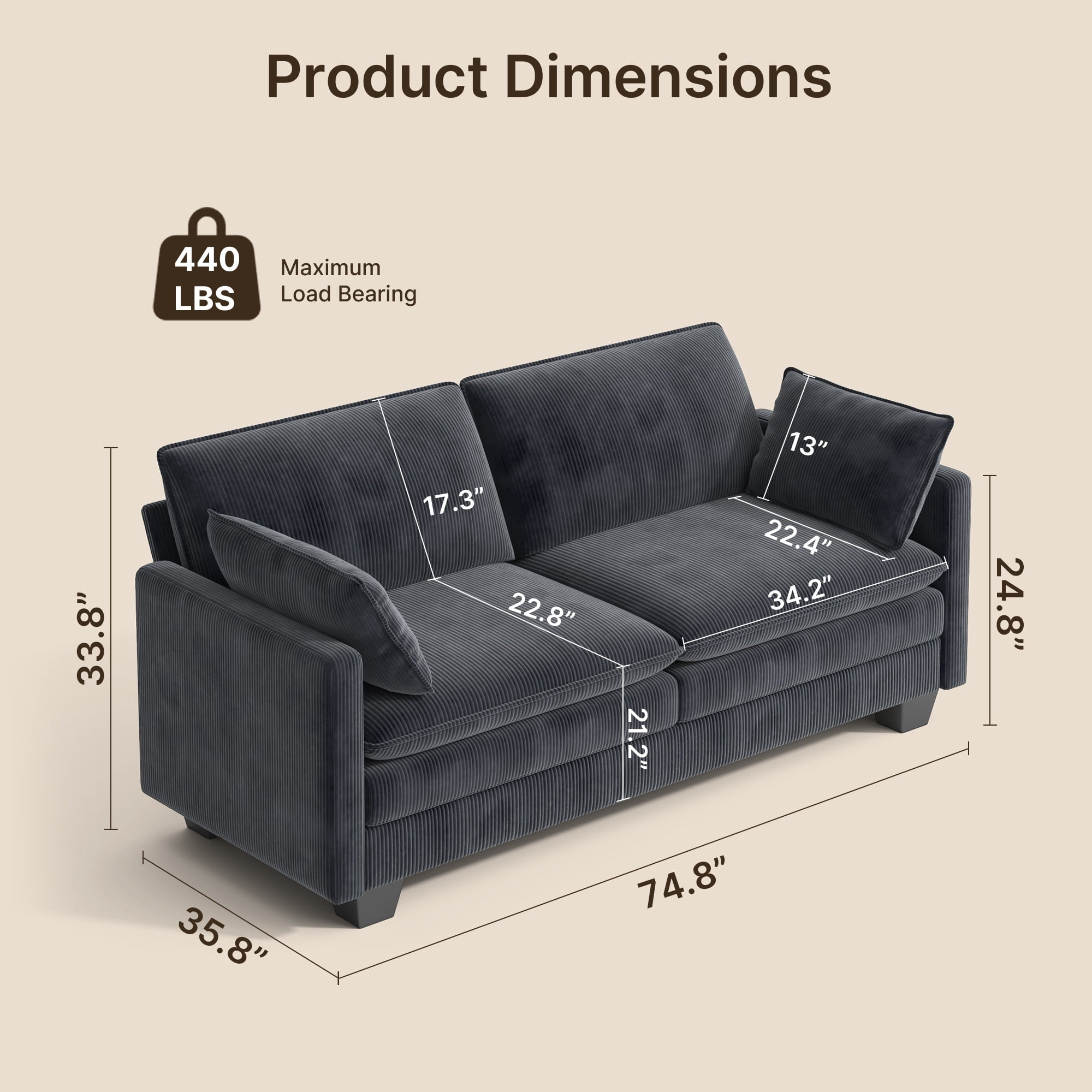 Asofer 75" Loveseat Corduroy Cloud Sofa, Deep Seat 2 Seater with Washable Cushion & 2 Pillows for Living Room Apartment, Gray