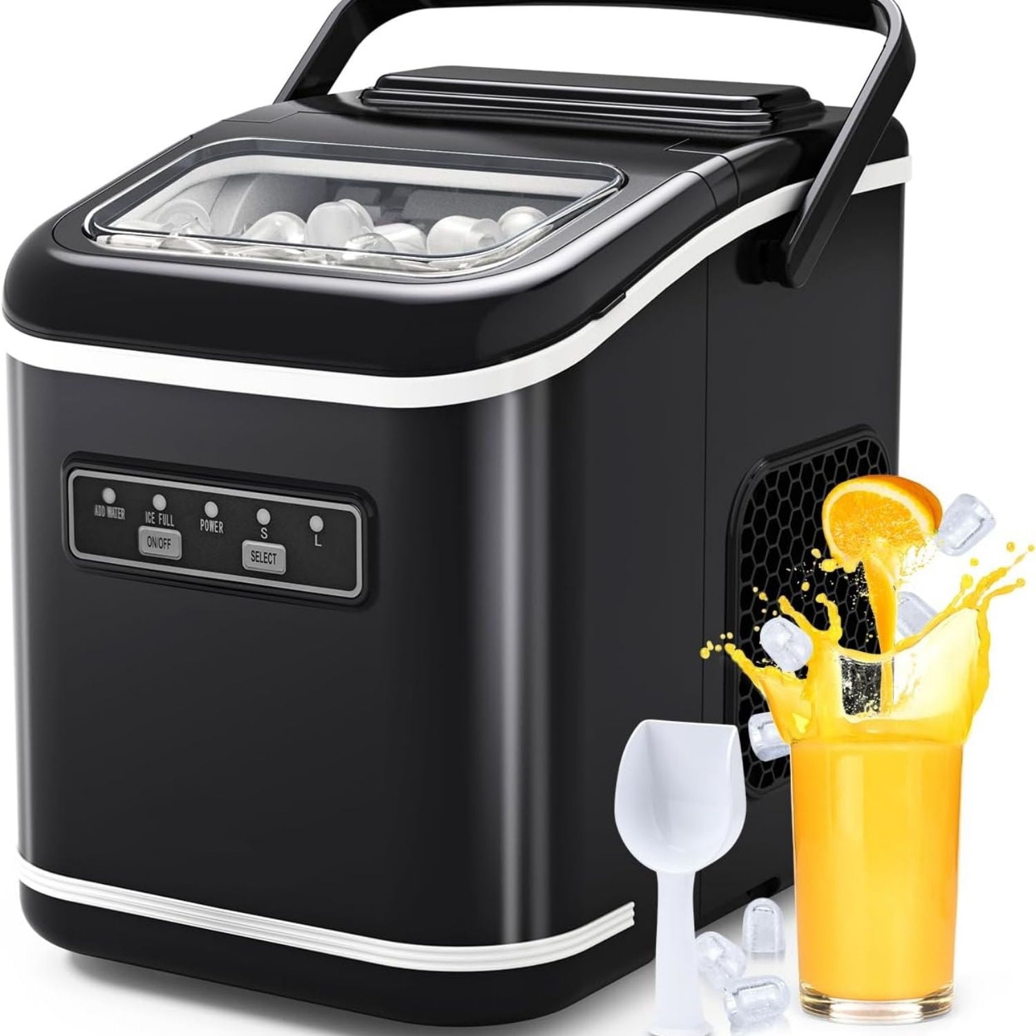 Countertop Ice Maker, Portable, Self-Cleaning, 9 Bullet Ice Cubes in 6 Mins, 26lbs/24Hrs, Ice Maker Machine with Ice Bags, Handle, Standing Scoop and Basket, Black