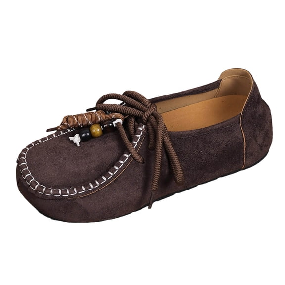 Hurxie Women's Suede Beaded Moccasins Loafers Fashion Comfortable Round Toe Slip On Lace Up Flats for Casual Daily Work Walking Shoes Coffee 36