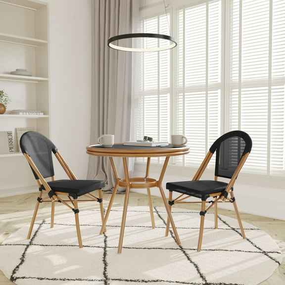 Emma Oliver Indoor/Outdoor Bistro Style 31.5 in. Table with Black Textilene, Glass Top, and Two Chairs - Natural Frame