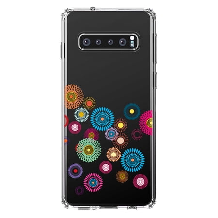 DistinctInk Clear Shockproof Hybrid Case for Samsung Galaxy S10 (6.1 Screen) - TPU Bumper Acrylic Back Tempered Glass Screen Protector - Cartoon Wildflowers Rainbow Colors