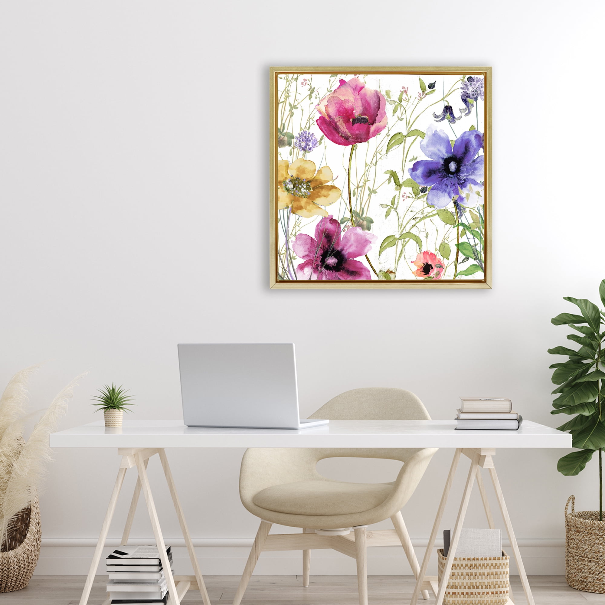 Botanical Spring Garden Blooms Gold Framed Floater Canvas Wall Art, design by Sasha