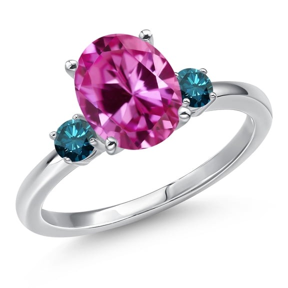 Gem Stone King 14K White Gold Pink Created Sapphire and Blue Diamond Engagement Ring for Women | 3.45 Cttw | Oval 10X8MM | Gemstone September Birthstone | Size 7