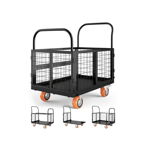 6in1 Foldable Platform Truck Cart with Cage Platform Truck,1800lbs Push Cart Dolly Capacity Flatbed Hand Truck Dolly Cart Multipurpose for Grocery, Laundry, Garage, Warehouse
