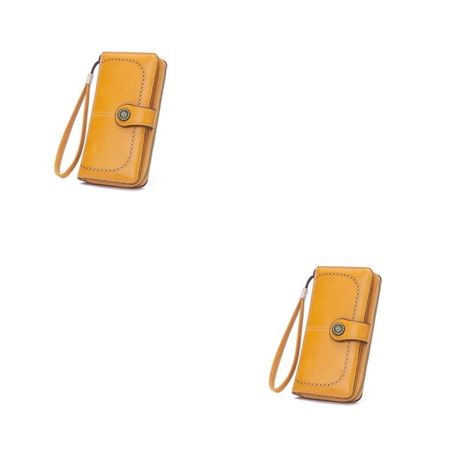 Qarigey Cartera de mujer Estilo Vintage Cera de aceite PU Cartera de cuero Hollow Bifold Wallets Lady Color sólido Tarjetero Monedero Amarillo 2Conjunto