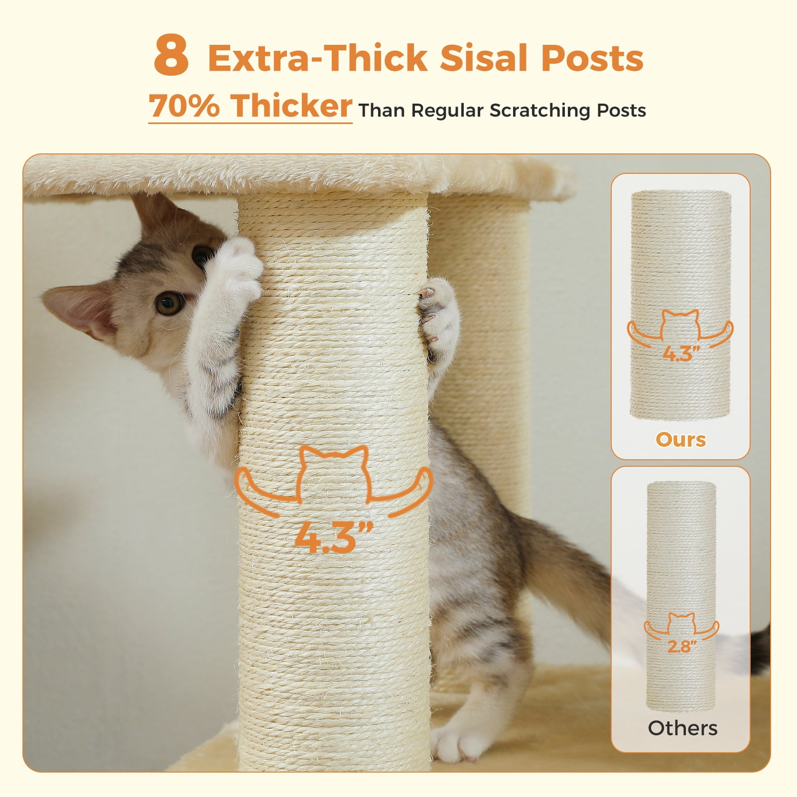 PEQULTI 67" Maine Coon Cat Tree Large Cat Tower for Indoor Cats with 8 Thick Scratching Post Beige
