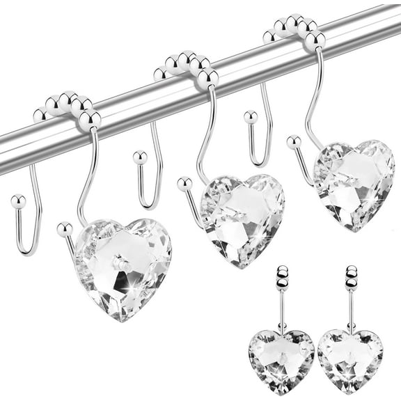 Shower Curtain Hooks Rings for Bathroom, 12PCS Heart Stainless Steel Rust Resistant Decorative Rhinestones Shower Curtain Rings Hangers for Shower Curtains