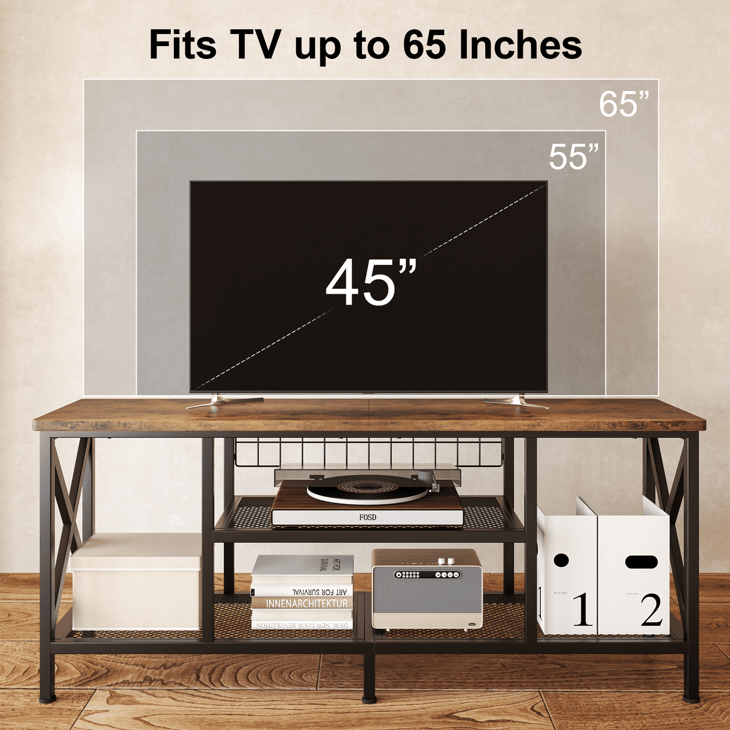 Aiho 59.8 "L TV Stand for TVs up to 65", 65 inch TV stand with Storage Shelves for Living Room - Rustic Brown