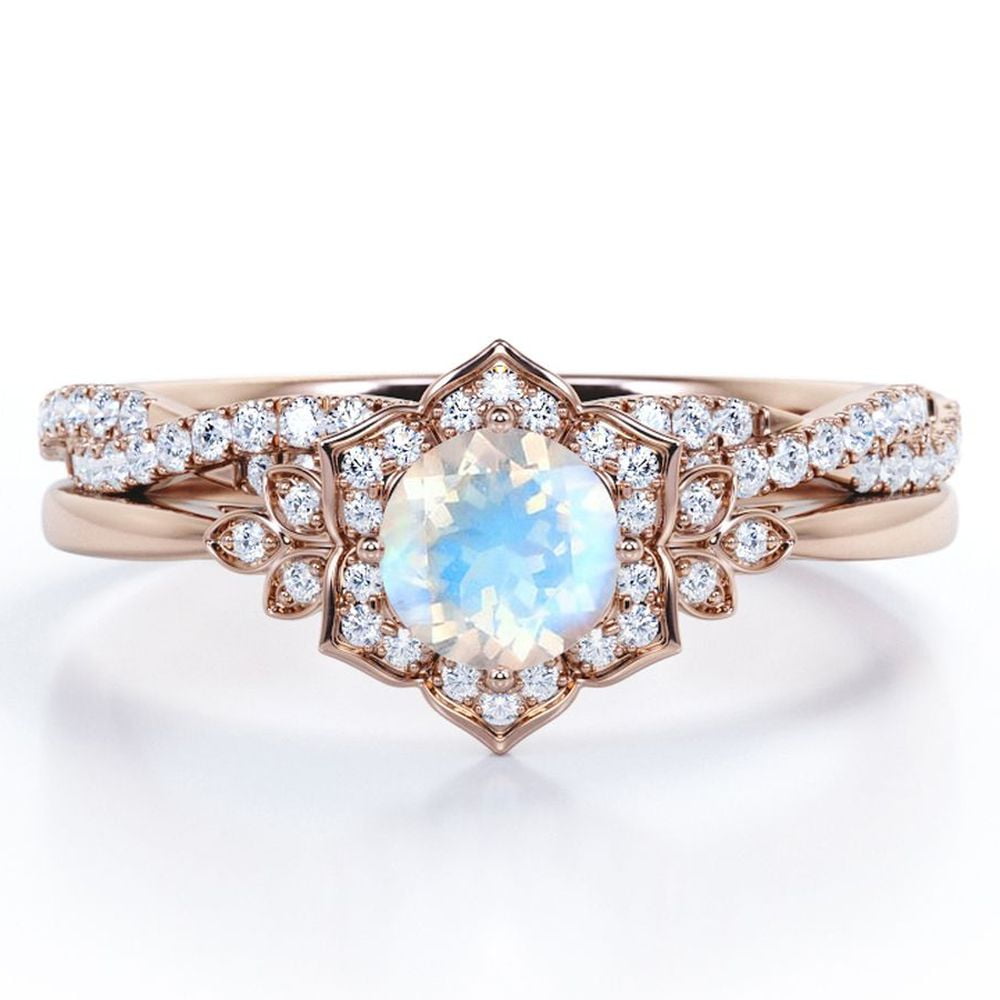 JeenMata Flower Halo Bezel 1.75 Carat Round Cut Blue Moonstone and Moissanite Infinity Twisted Band Wedding Ring Set in 18K Rose Gold Plating over Silver