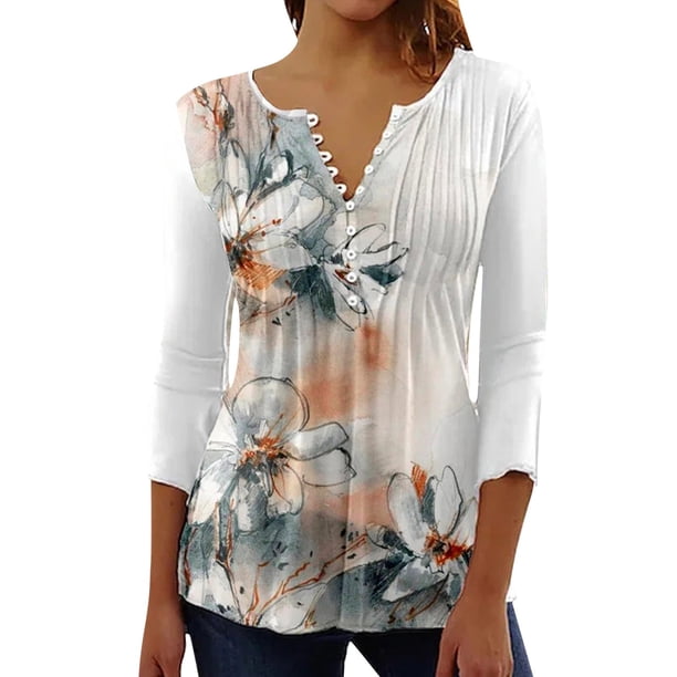 Gibobby Blusa Sexy Cuello en V Camiseta manga corta con cuello en V y estampado floral informal para mujer(Blanco,XL)