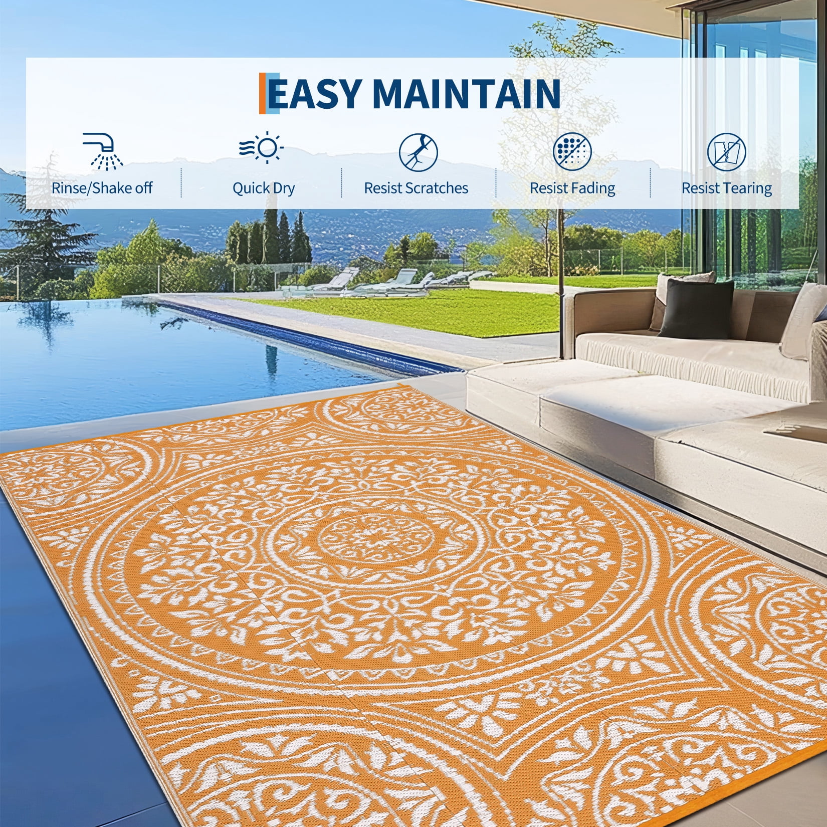 Garvee 9'x18' Waterproof Outdoor Rug Floral Reversible Outdoor Carpet, Plastic Straw Rug Portable RV Picnic Camping Mat for Garden Backyard Deck Balcony, Orange