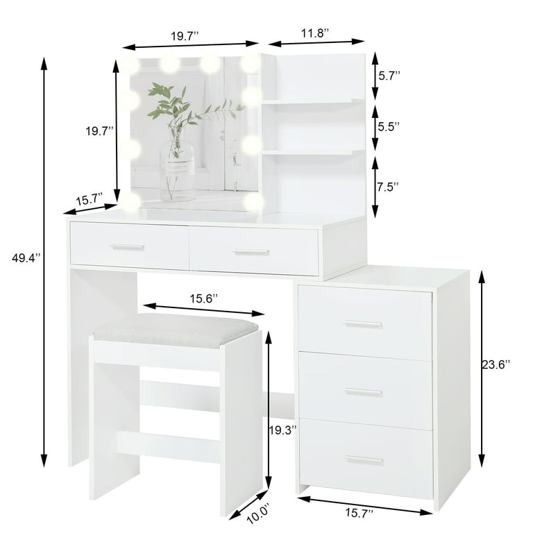USIKEY Vanity Set with LED Lights, Large Makeup Table, 3