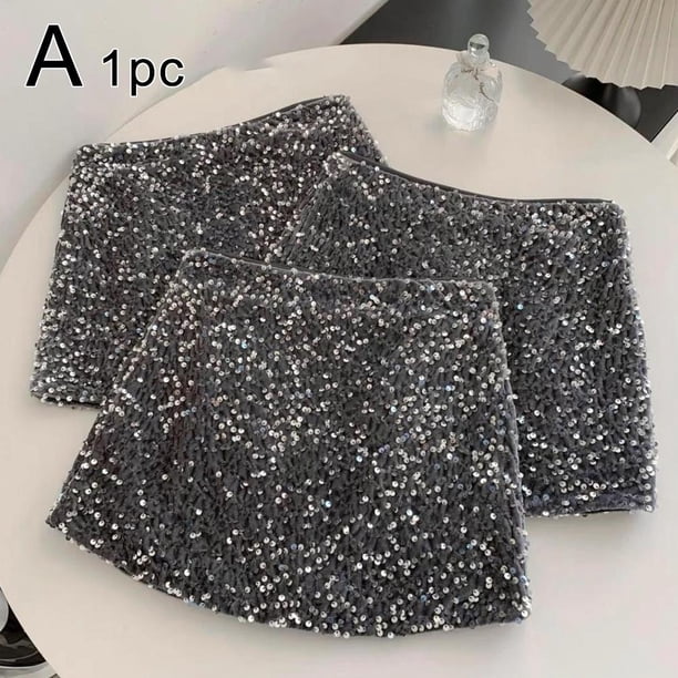 SGACAI Falda corta negra elegante con lentejuelas y brillo para mujer