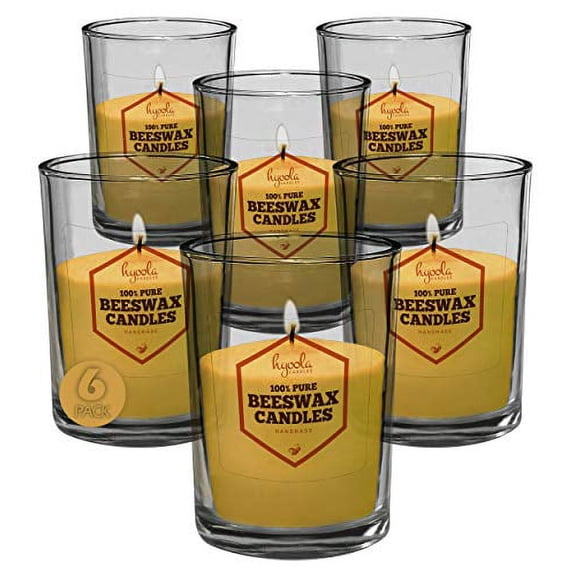 Hyoola, 2 Ounce Handmade All Natural Yellow Beeswax Votive Candles - in Glass (6 Pack)