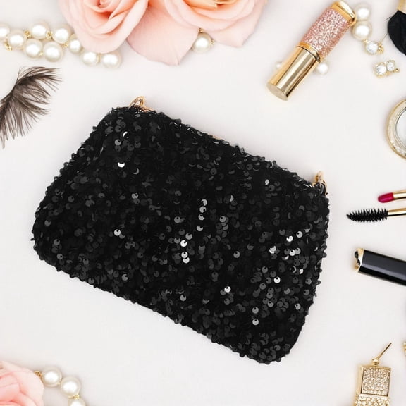 PENIKOKO Black Sequin Clutch Purse with Adjustable Chain Strap for Evening