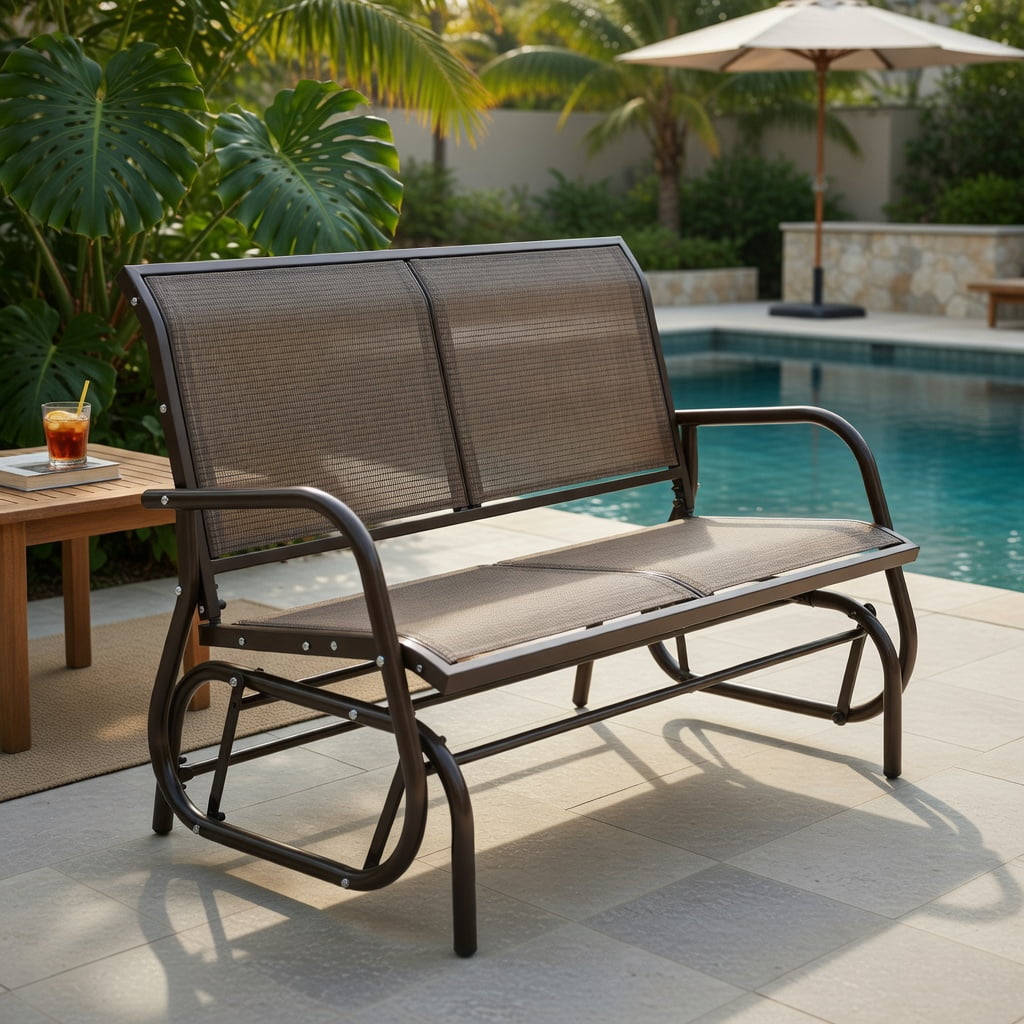 Hommoo 48" Steel Frame Outdoor Glider Loveseat Rocker Chair, Rust-Resistant, Breathable Fabric, Patio Swing Bench for Backyard, Porch & Garden, Brown