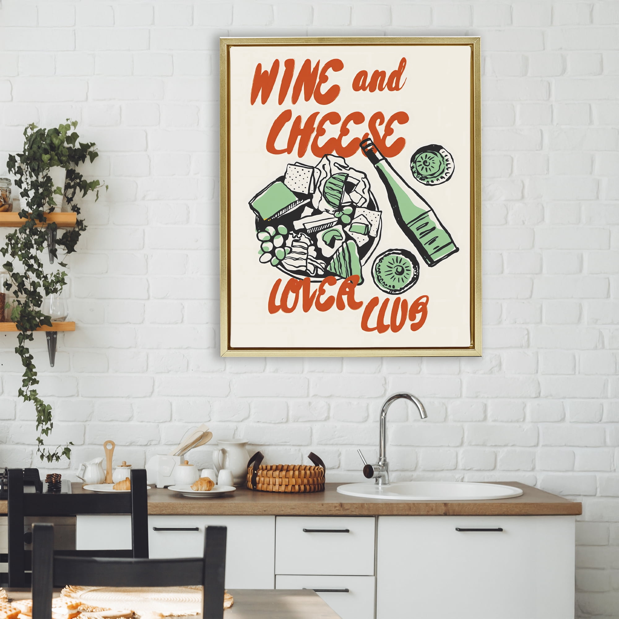 Stupell Industries Wine & Cheese Lover Club Gold Framed Floater Canvas Wall Art, design by The Prints Vibe