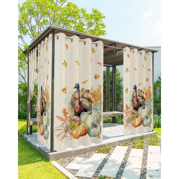 Outdoor Curtains for Patio, Fall Thanksgiving Waterproof Blackout Outside Curtain for Porch/Pergola/Gazebo, Pumpkin Turkey Maple Leaf Rustic Burlap Thermal Insulated Drapes, 1 Panel, 54 x 108 Inch