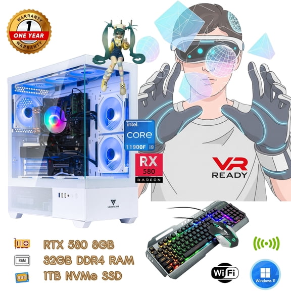 Evounic ARGB Gaming PC — Intel Core i9‑11900F, AMD Radeon RX580 8GB, 32GB RAM, 1TB NVMe SSD, Air-Cooled, Windows 11, Wi‑Fi 6, Bluetooth 5.4, 9 x ARGB Fans