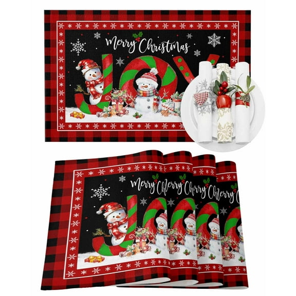 JOY Christmas Placemats Set of 2 Snowman Snowflake Red Black Plaid Heat Insulation Washable Place Mats, Rustic Non-Slip Table Mats for Dining Table Party Kitchen Decor,13x19 Inch