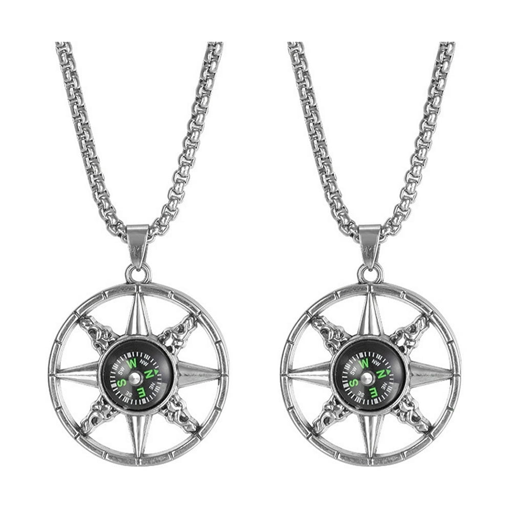 EASTIN 2pcs Compass Necklace Men Women Functional Survival