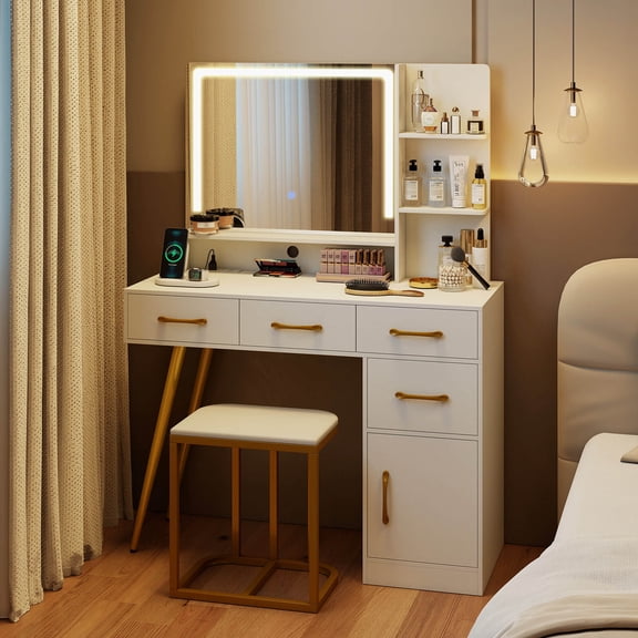 Costway Modern Vanity Desk Set with Charging Station,Hair Dryer Holder & 3-Color LED Mirror