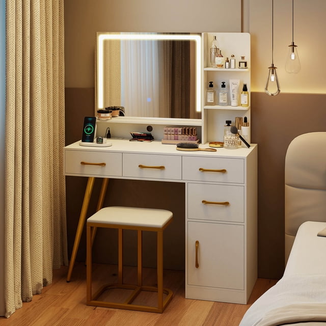 Costway Modern Vanity Desk Set with Charging Station,Hair Dryer Holder & 3-Color LED Mirror