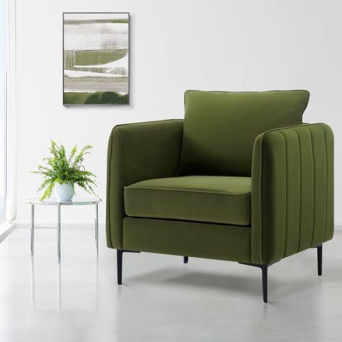 33" Velvet Cozy Oversized Sofa Chair, Modern Single Sofa with Pillow, Upholstered Recliner Sofa Chair with Legs for Living Room, Green