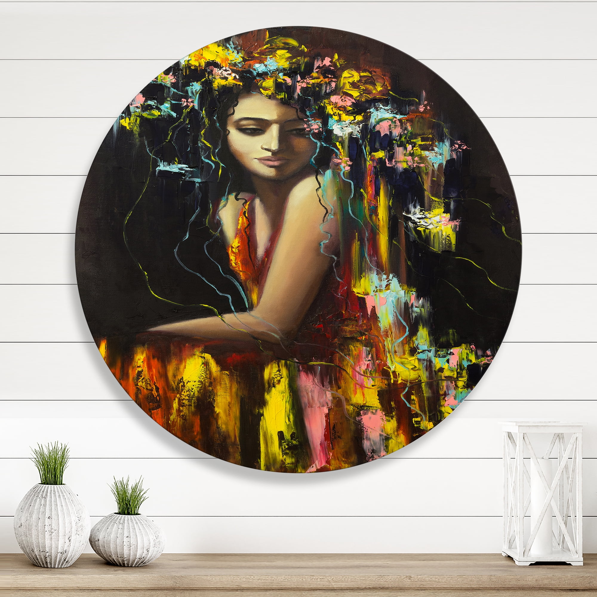 Designart 'Modern Portrait Of A Young Girl' Modern Circle Metal Wall Art 11x11 - Disc of 11