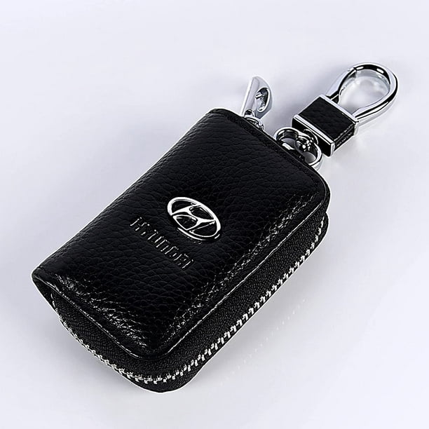 Étui à clés de voiture pour porte-clés de voiture avec logo Hyundai, porte- clés en cuir véritable pour protéger la clé de la télécommande des dommages  Smart Key Keyring Zipper Bag pour hommes