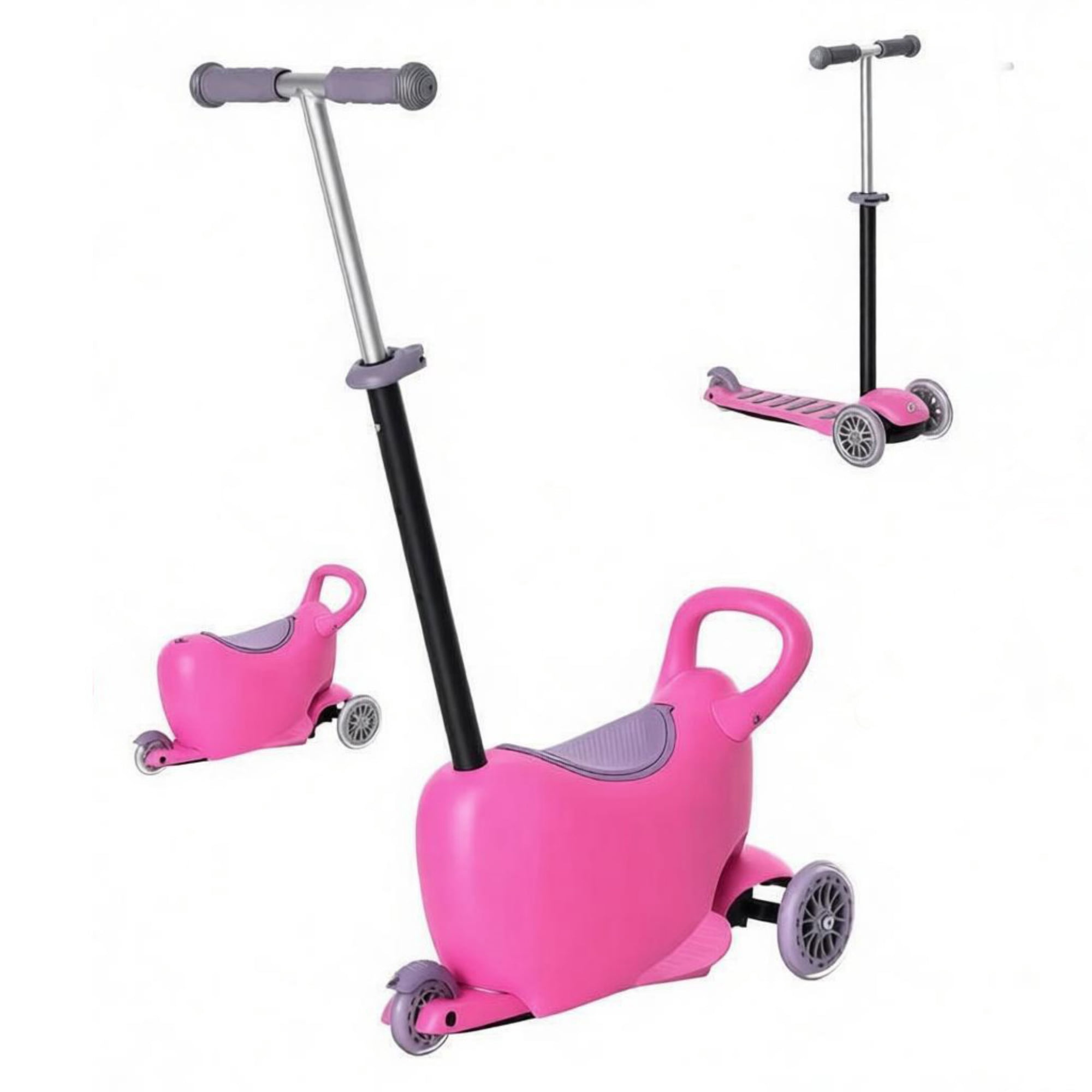 3-in-1 Ride on Push Car Kids Scooter Sliding Walker with Adjustable Handlebar 3 Balanced Wheels Removable Storage Seat for Ages 2-6, Pink