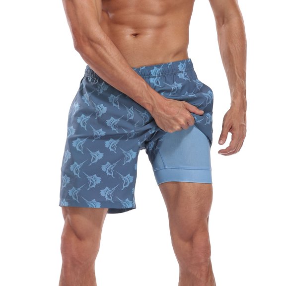 LRD Men's Swim Trunks with Compression Liner 7 Inch Inseam Sailfish / Blue M