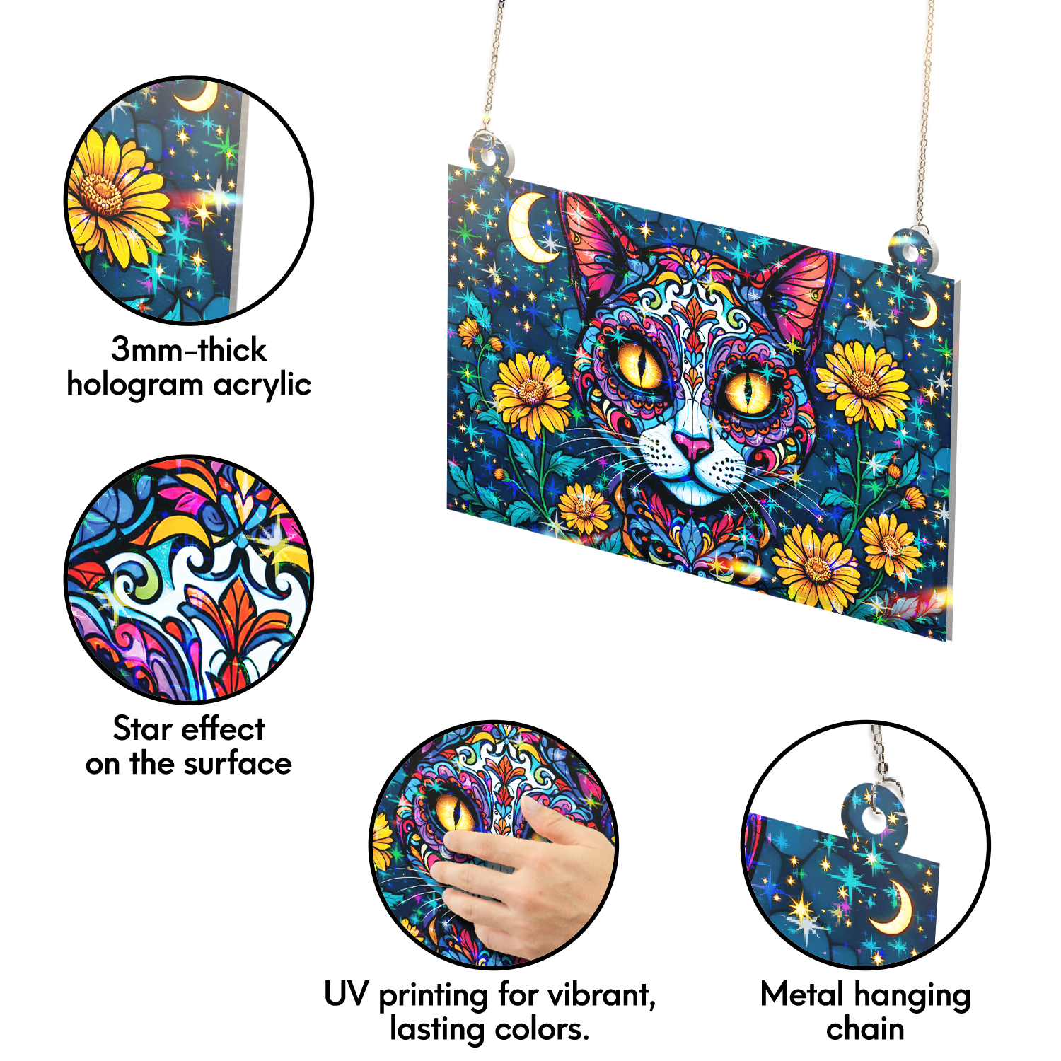 89Bloom Cat Sugar Skull Stained Glass Hologram Ornament, Stained Glass Suncatcher Ornaments Home Decor, Holographic Ornaments