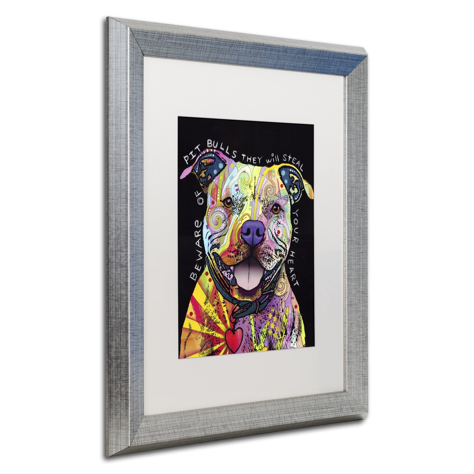 Trademark Fine Art "Beware of Pit Bulls" Canvas Art by Dean Russo, White Matte, Silver Frame